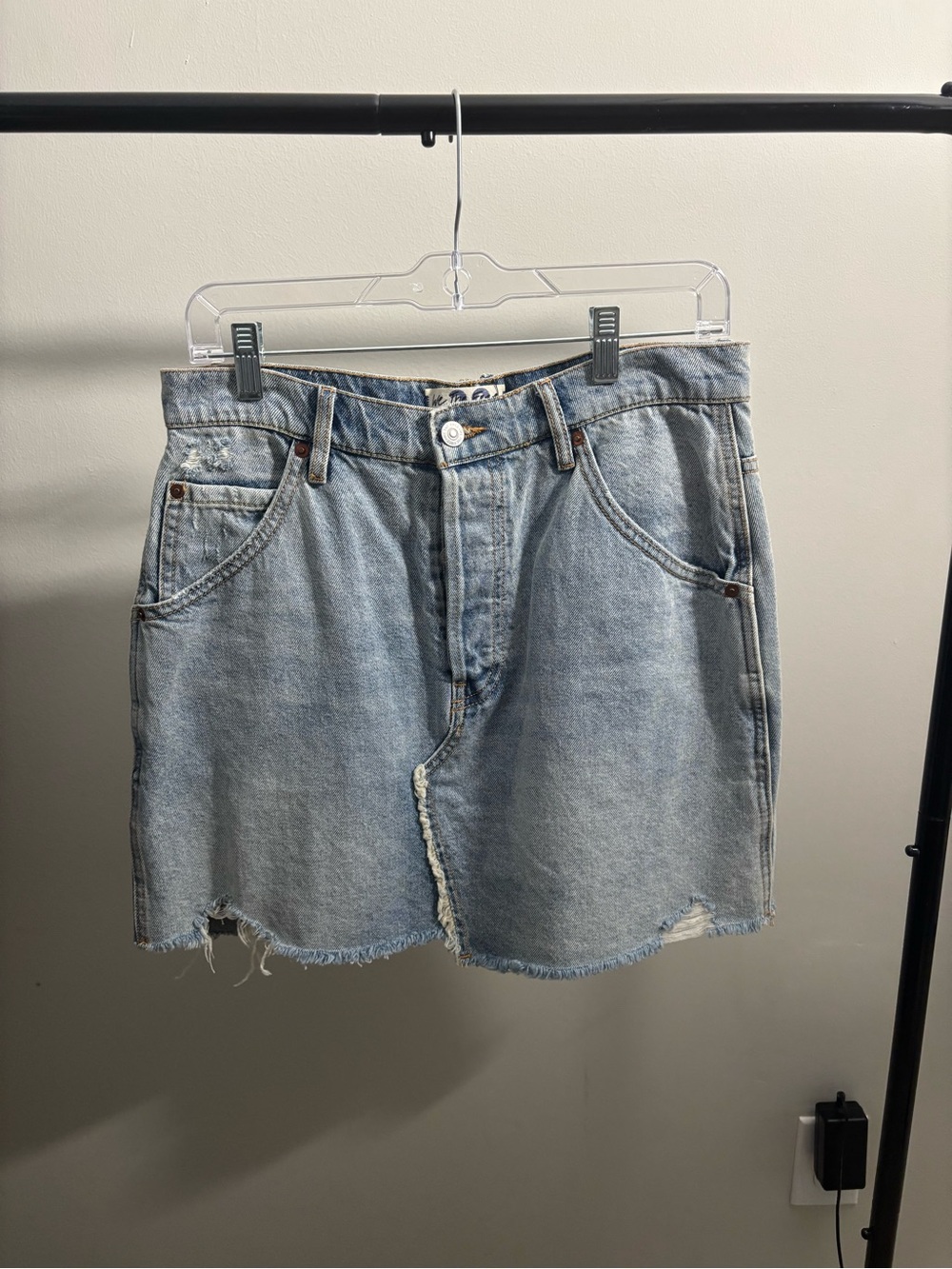 We The Free Light Blue Distressed Denim Mini Skirt